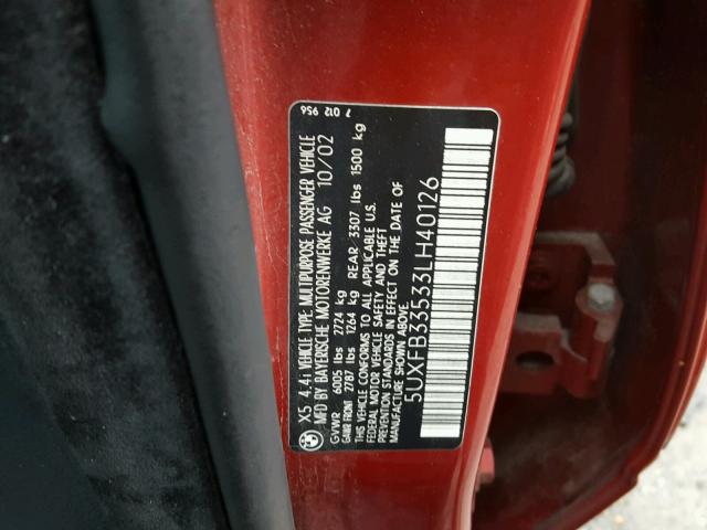 5UXFB33533LH40126 - 2003 BMW X5 4.4I MAROON photo 10