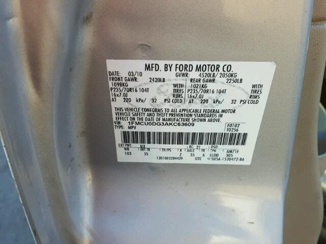 1FMCU0DG3AKC63609 - 2010 FORD ESCAPE XLT SILVER photo 10