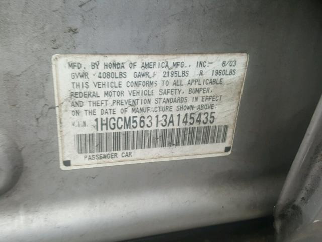 1HGCM56313A145435 - 2003 HONDA ACCORD LX SILVER photo 10