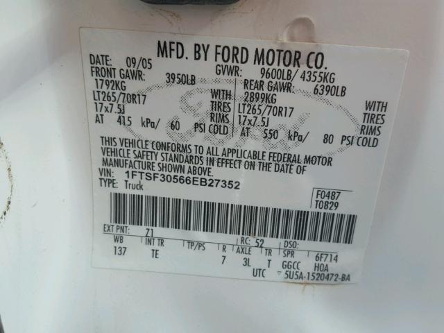 1FTSF30566EB27352 - 2006 FORD F350 SRW S WHITE photo 10