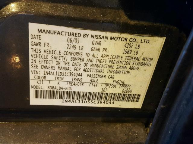 1N4AL11D55C394044 - 2005 NISSAN ALTIMA S GRAY photo 10