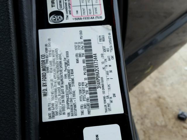 3FAHP0HA2CR173444 - 2012 FORD FUSION SE BLACK photo 10