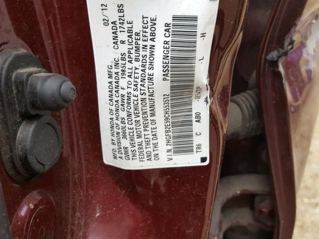 2HGFB2E59CH553512 - 2012 HONDA CIVIC LX RED photo 10