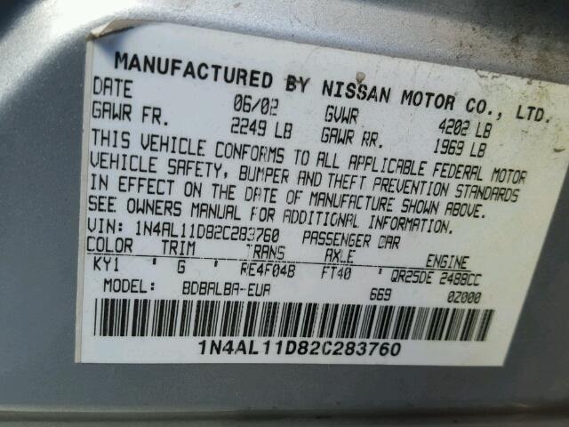 1N4AL11D82C283760 - 2002 NISSAN ALTIMA/S/S SILVER photo 10