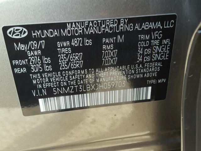 5NMZT3LBXJH059703 - 2018 HYUNDAI SANTA FE S Boz foto 10