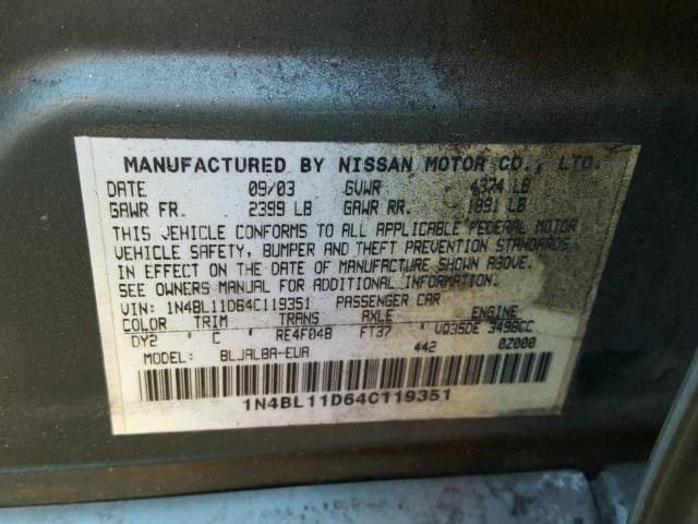 1N4BL11D64C119351 - 2004 NISSAN ALTIMA SE GREEN photo 10