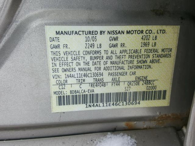 1N4AL11E46C130694 - 2006 NISSAN ALTIMA S TAN photo 10