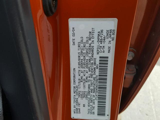 JTLKT324540159270 - 2004 TOYOTA SCION XB ORANGE photo 10