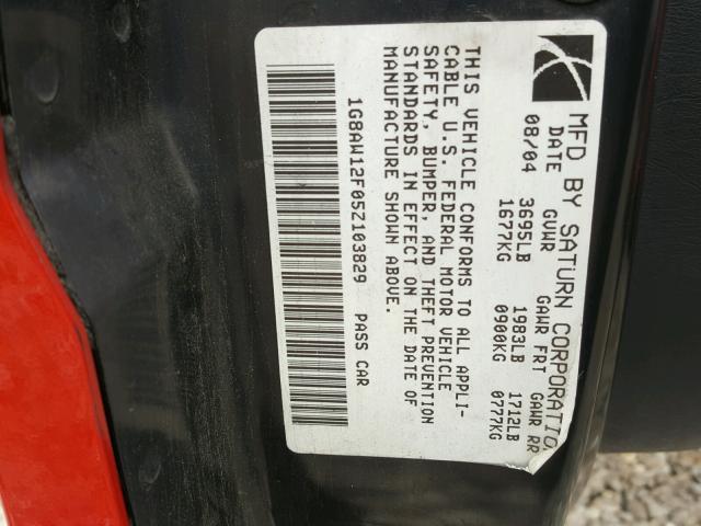 1G8AW12F05Z103829 - 2005 SATURN ION LEVEL RED photo 10