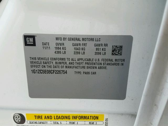 1G1ZC5E08CF226754 - 2012 CHEVROLET MALIBU 1LT 白色 照片 10