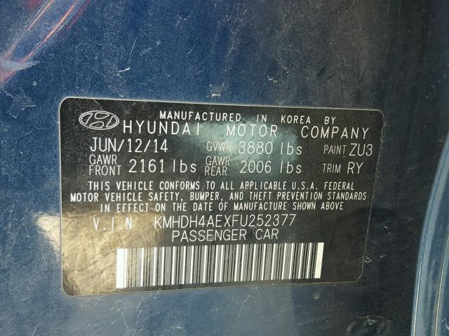 KMHDH4AEXFU252377 - 2015 HYUNDAI ELANTRA SE BLUE photo 10