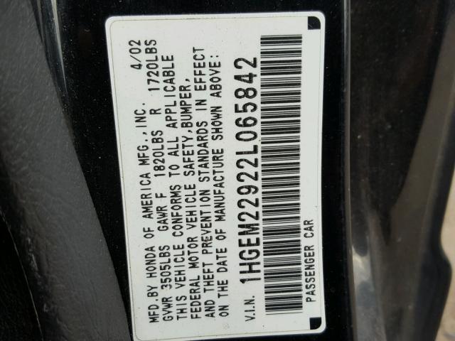 1HGEM22922L065842 - 2002 HONDA CIVIC EX შავი ფოტო 10