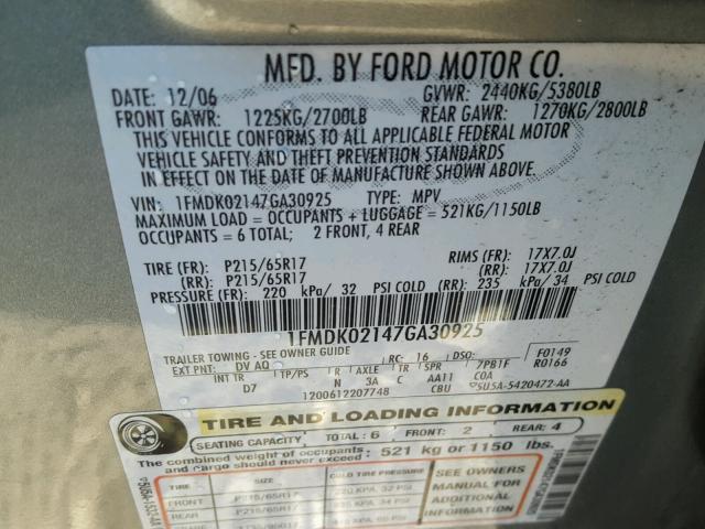 1FMDK02147GA30925 - 2007 FORD FREESTYLE GREEN photo 10