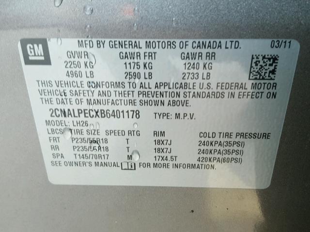 2CNALPECXB6401178 - 2011 CHEVROLET EQUINOX LT CHARCOAL photo 10