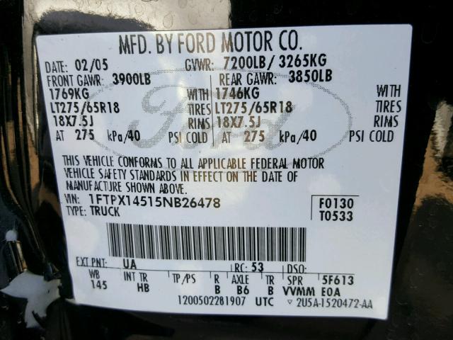 1FTPX14515NB26478 - 2005 FORD F150 BLACK photo 10