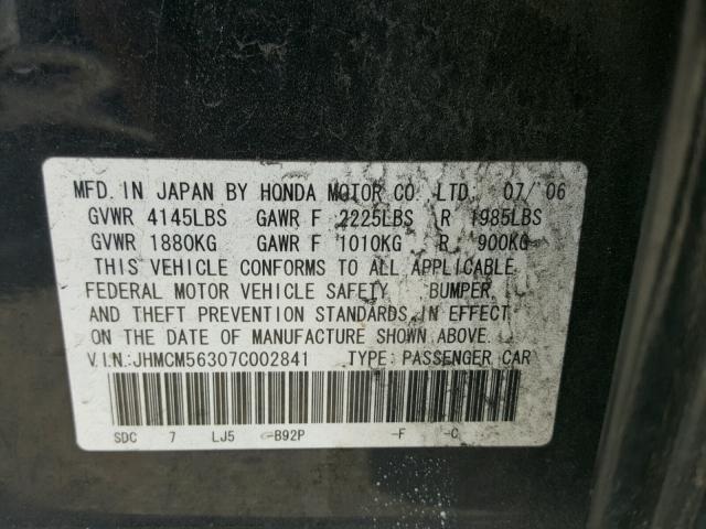 JHMCM56307C002841 - 2007 HONDA ACCORD SE BLACK photo 10