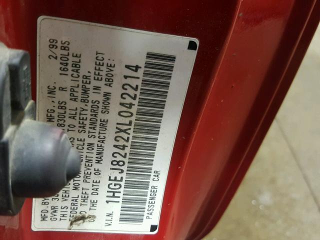 1HGEJ8242XL042214 - 1999 HONDA CIVIC EX RED photo 10