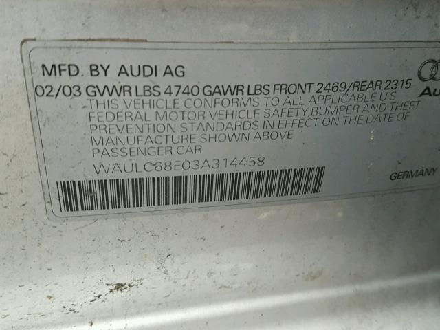 WAULC68E03A314458 - 2003 AUDI A4 1.8T QU SILVER photo 10