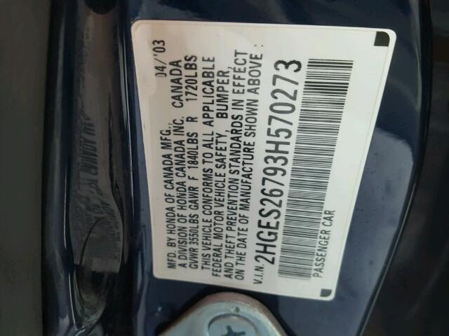 2HGES26793H570273 - 2003 HONDA CIVIC EX BLUE photo 10