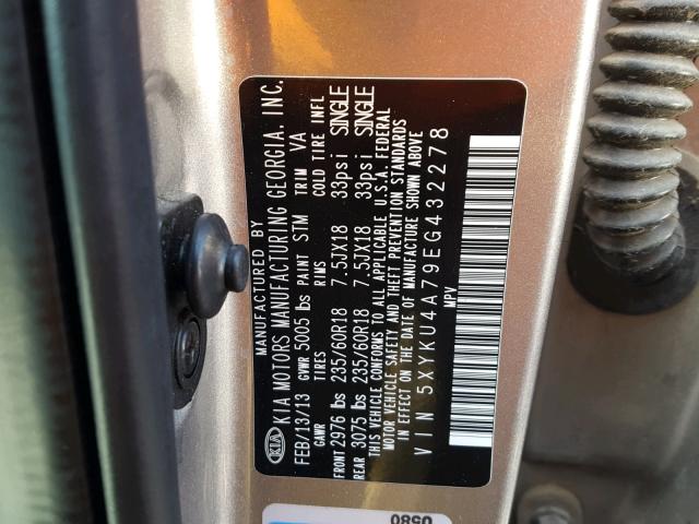 5XYKU4A79EG432278 - 2014 KIA SORENTO EX GRAY photo 10