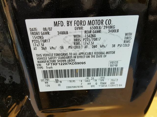 1FTRF12297KD59095 - 2007 FORD F150 BLACK photo 10