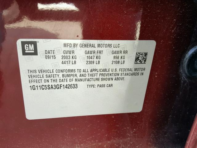 1G11C5SA3GF142633 - 2016 CHEVROLET MALIBU LIM BURGUNDY photo 10