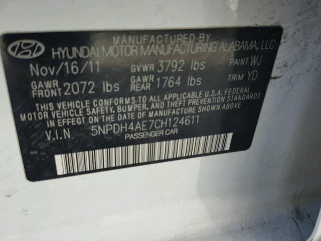 5NPDH4AE7CH124611 - 2012 HYUNDAI ELANTRA GL WHITE photo 10