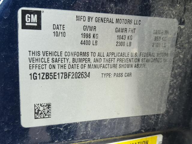 1G1ZB5E17BF202634 - 2011 CHEVROLET MALIBU LS BLUE photo 10