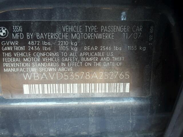 WBAVD53578A252765 - 2008 BMW 335 XI BLACK photo 10