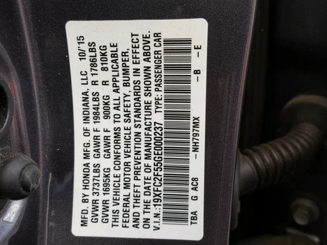 19XFC2F55GE000237 - 2016 HONDA CIVIC LX GRAY photo 10