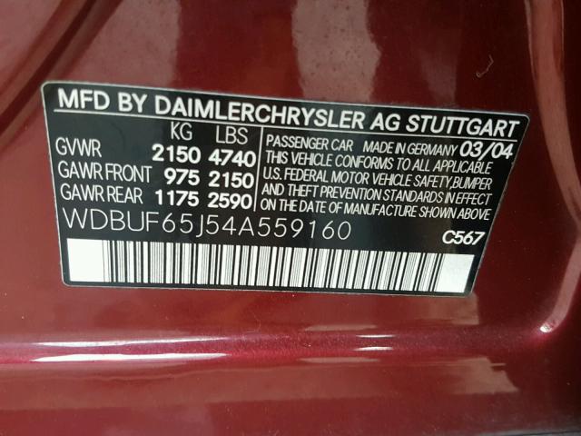 WDBUF65J54A559160 - 2004 MERCEDES-BENZ E 320 RED photo 10