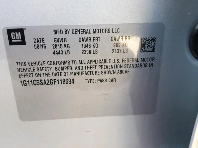 1G11C5SA2GF118694 - 2016 CHEVROLET MALIBU LIM SILVER photo 10