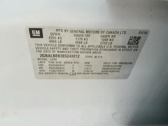 2GNALBEK3E6243812 - 2014 CHEVROLET EQUINOX LT SILVER photo 10