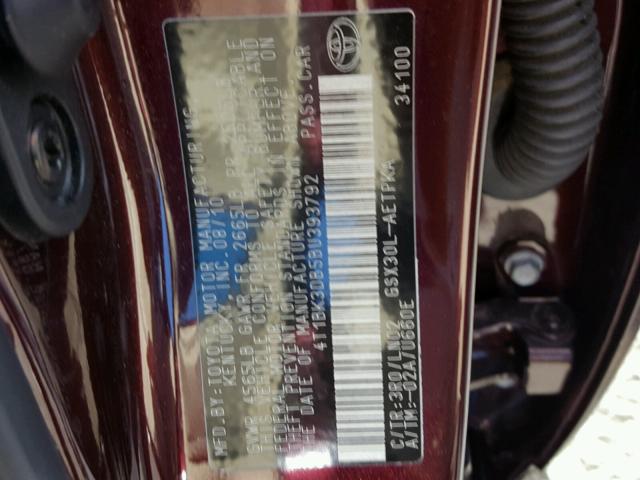 4T1BK3DB5BU393792 - 2011 TOYOTA AVALON BAS MAROON photo 10