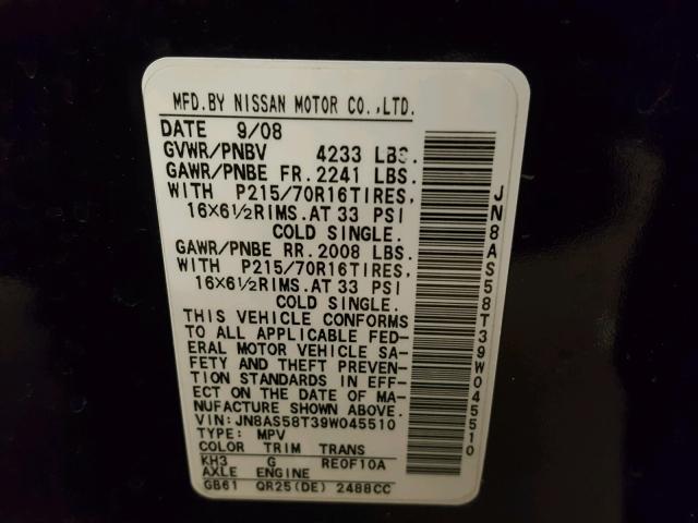 JN8AS58T39W045510 - 2009 NISSAN ROGUE S BLACK photo 10