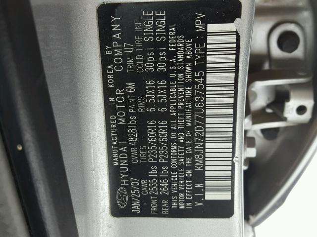 KM8JN72D77U637545 - 2007 HYUNDAI TUCSON SE SILVER photo 10