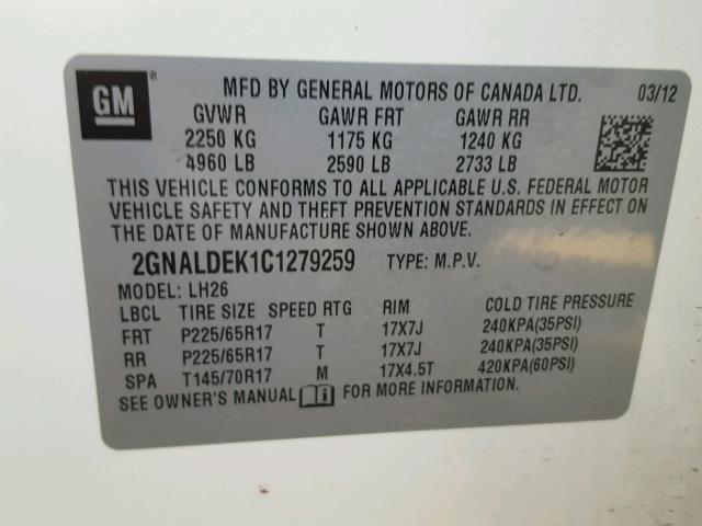 2GNALDEK1C1279259 - 2012 CHEVROLET EQUINOX LT WHITE photo 10