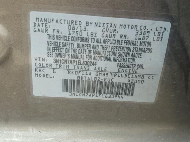 3N1CN7AP1EL830244 - 2014 NISSAN VERSA GRAY photo 10