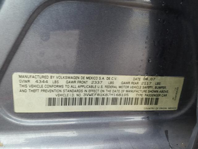 3VWEF81K87M168105 - 2007 VOLKSWAGEN JETTA WOLF SILVER photo 10