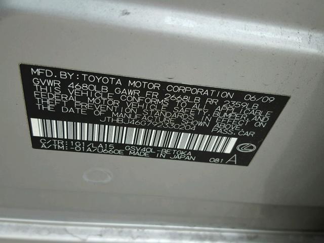 JTHBJ46G792330204 - 2009 LEXUS ES 350 SILVER photo 10