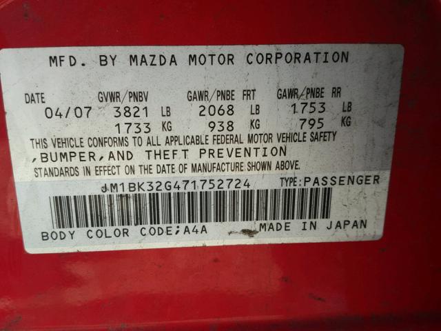 JM1BK32G471752724 - 2007 MAZDA 3 I RED photo 10