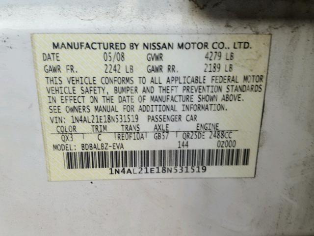 1N4AL21E18N531519 - 2008 NISSAN ALTIMA 2.5 WHITE photo 10