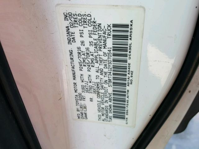 5TBRT3412YS070541 - 2000 TOYOTA TUNDRA ACC WHITE photo 10