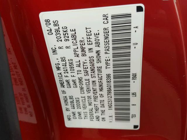 1HGCS12798A018396 - 2008 HONDA ACCORD EX RED photo 10