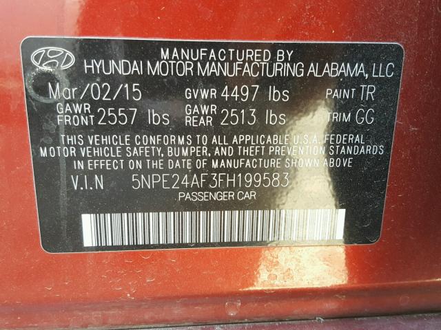 5NPE24AF3FH199583 - 2015 HYUNDAI SONATA SE RED photo 10