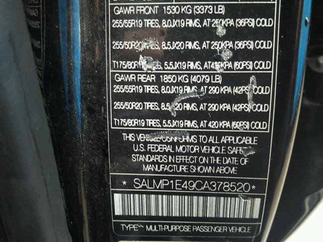 SALMP1E49CA378520 - 2012 LAND ROVER RANGE ROVE BLACK photo 10