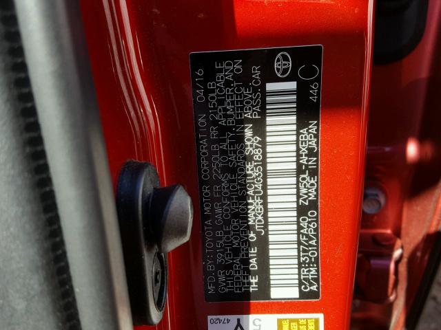 JTDKBRFU4G3518879 - 2016 TOYOTA PRIUS RED photo 10