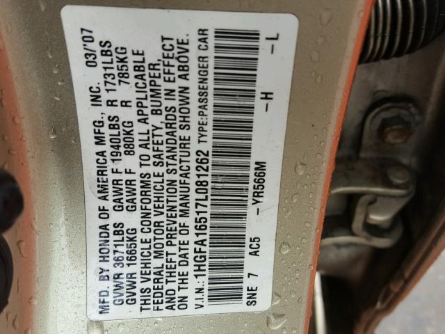 1HGFA16517L081262 - 2007 HONDA CIVIC LX GOLD photo 10