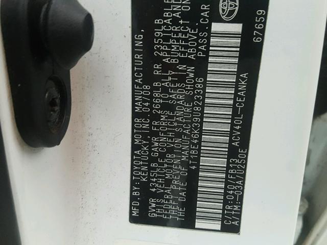 4T1BE46K39U823386 - 2009 TOYOTA CAMRY BASE WHITE photo 10