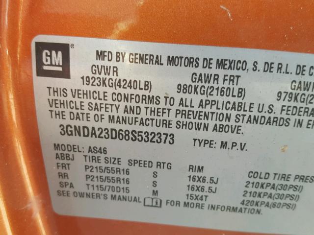 3GNDA23D68S532373 - 2008 CHEVROLET HHR LT ORANGE photo 10